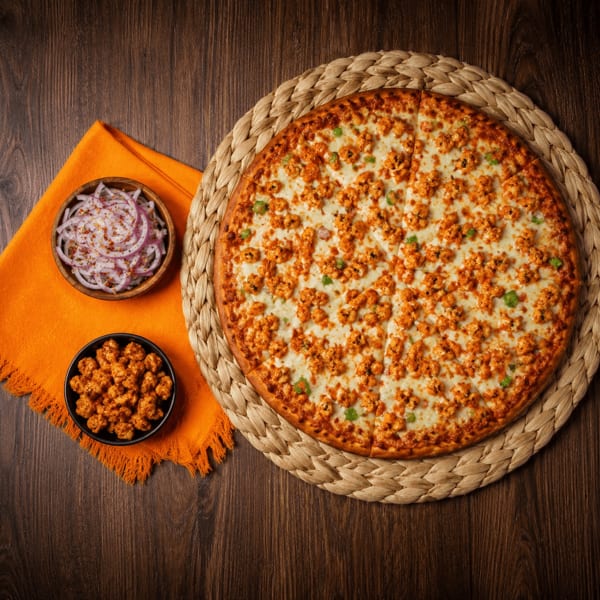Chicken tikka pizza with red onions and chicken tikka pieces on a wooden table.