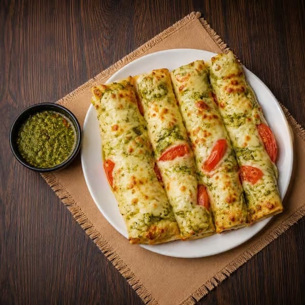 Four pesto and tomato breadsticks with melted cheese on a white plate, with a side of pesto.