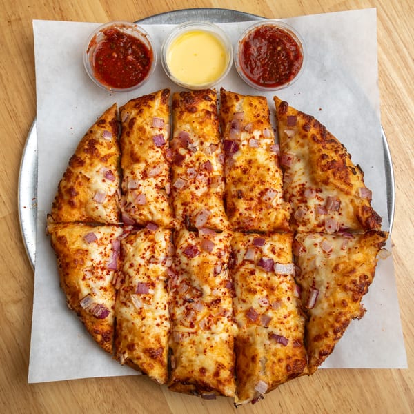 Cheesy breadsticks with red onion, served with two salsas and a cheese dip.