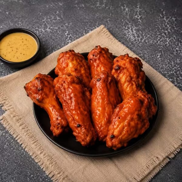 A black plate of buffalo chicken wings with a side of dipping sauce on a beige napkin.